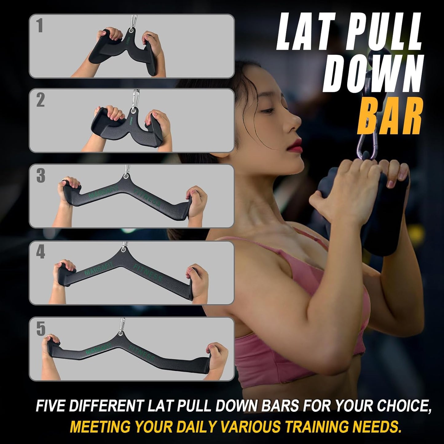 MARSAFIT Home Gym Fitness Rowing T-bar V-bar Pulley Cable Machine Attachments, Bicep Curl Tricep Lat pulldown Bar Back Strength Training Handle Grips Lat Pull Down Bar Press Down Exercises