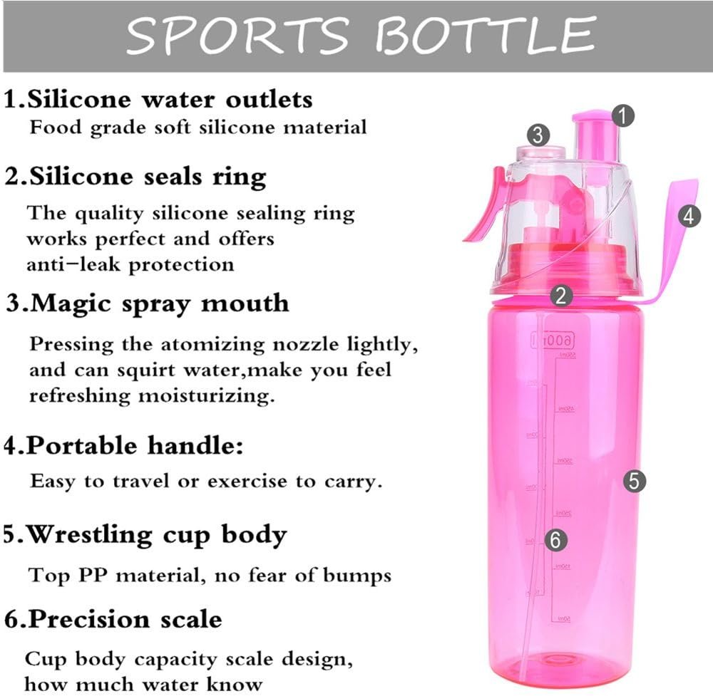 Mist Spray Water Bottle 600ml Portable Sport Water Bottle Anti-Leak Drinking Cup with Mist Hydration