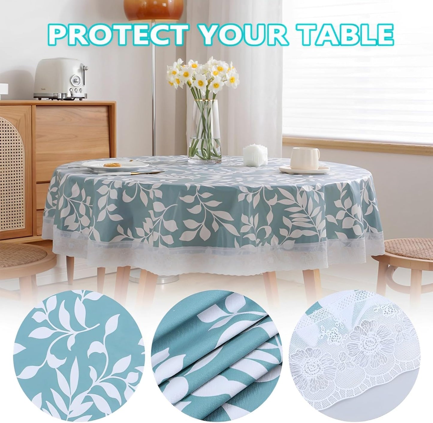 Round Tablecloth with Polyester Backing Oil Proof Table Cloth Waterproof Tablecloths Stain Resistant Non Washable PVC Table Cover for Kitchen Dining Party Tabletop Christmas Picnic (Small Leaf)