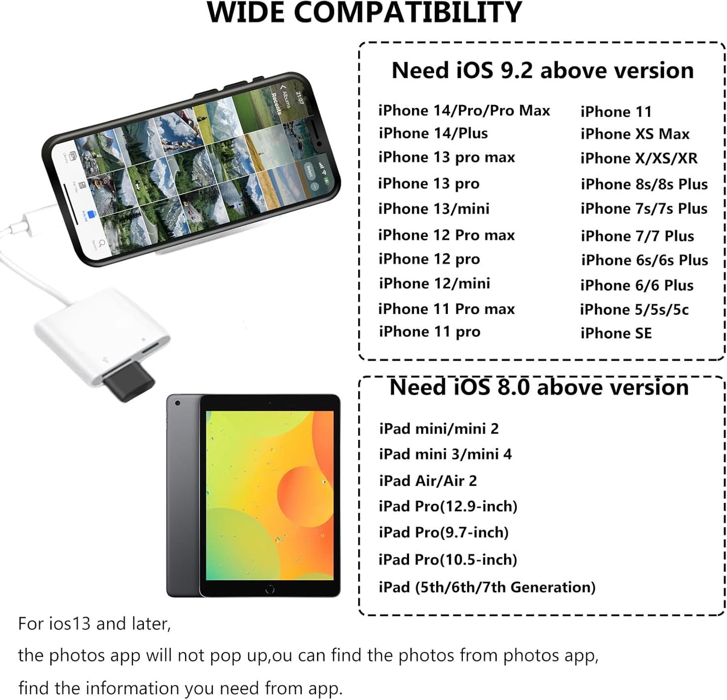 Lightning to USB Camera Adapter for iPhone with Charging Port USB 3.0 Female OTG Cable for iPhone to Connect USB Flash Drive U Disk Keyboard Mouse Hubs Midi