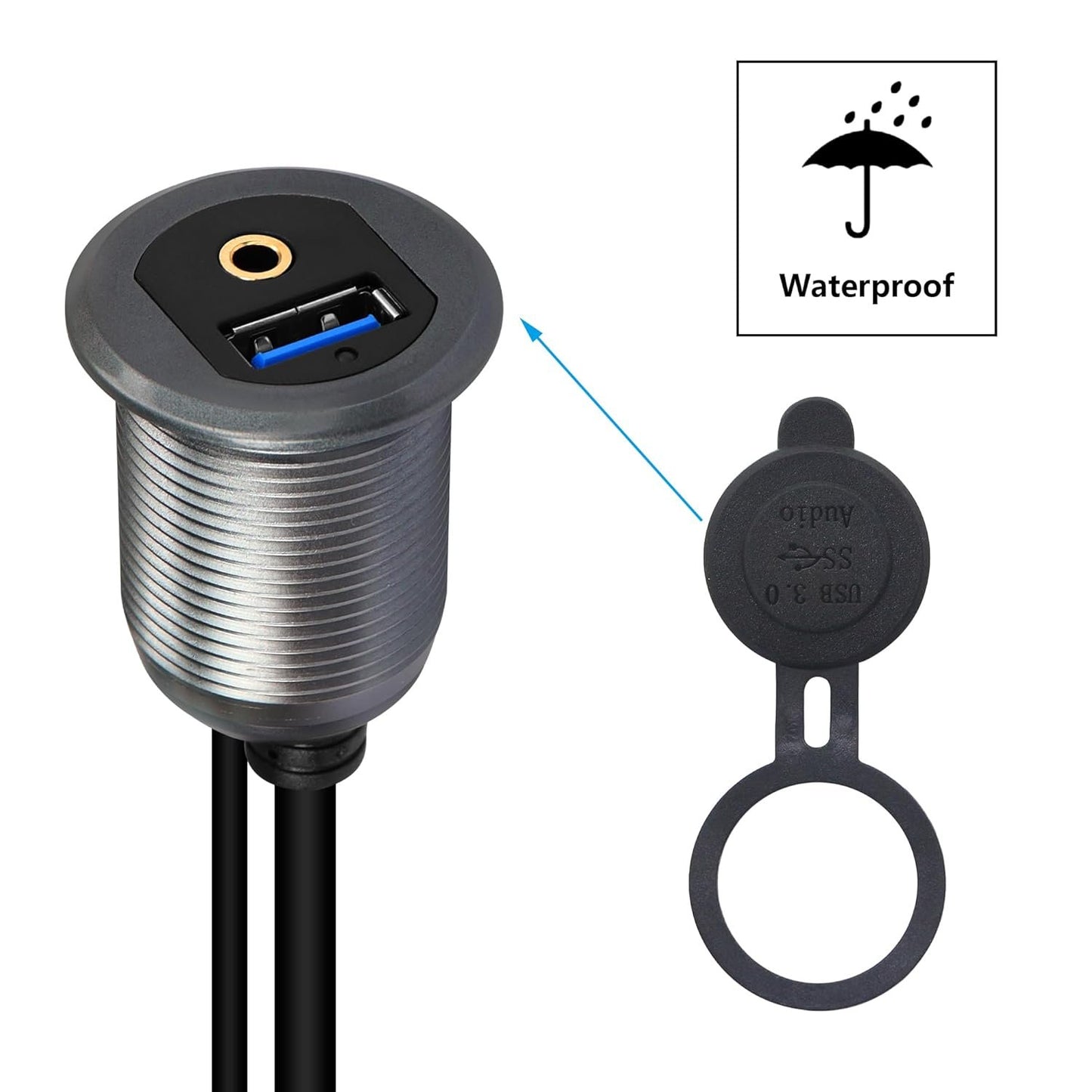 SinLoon USB 3.0 & 3.5mm Car Mount Flush Cable 3.3FT AUX Extension Dash Panel Waterproof Mount for Car, Boat, Motorcycle