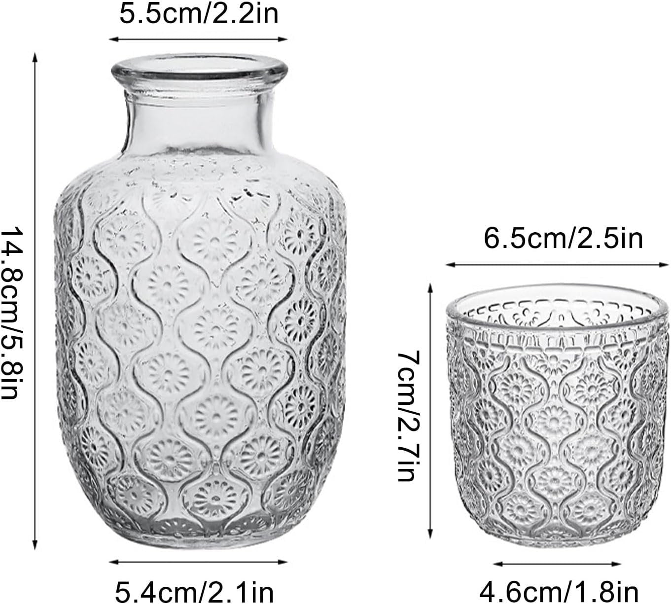 Bedside Water Carafe Set, Crystal Glass Pitcher and Drinking Cup Lid Bathroom Mouthwash Carafe for Guest Room,Bedroom,Night Drinking,Gift (Transparent)
