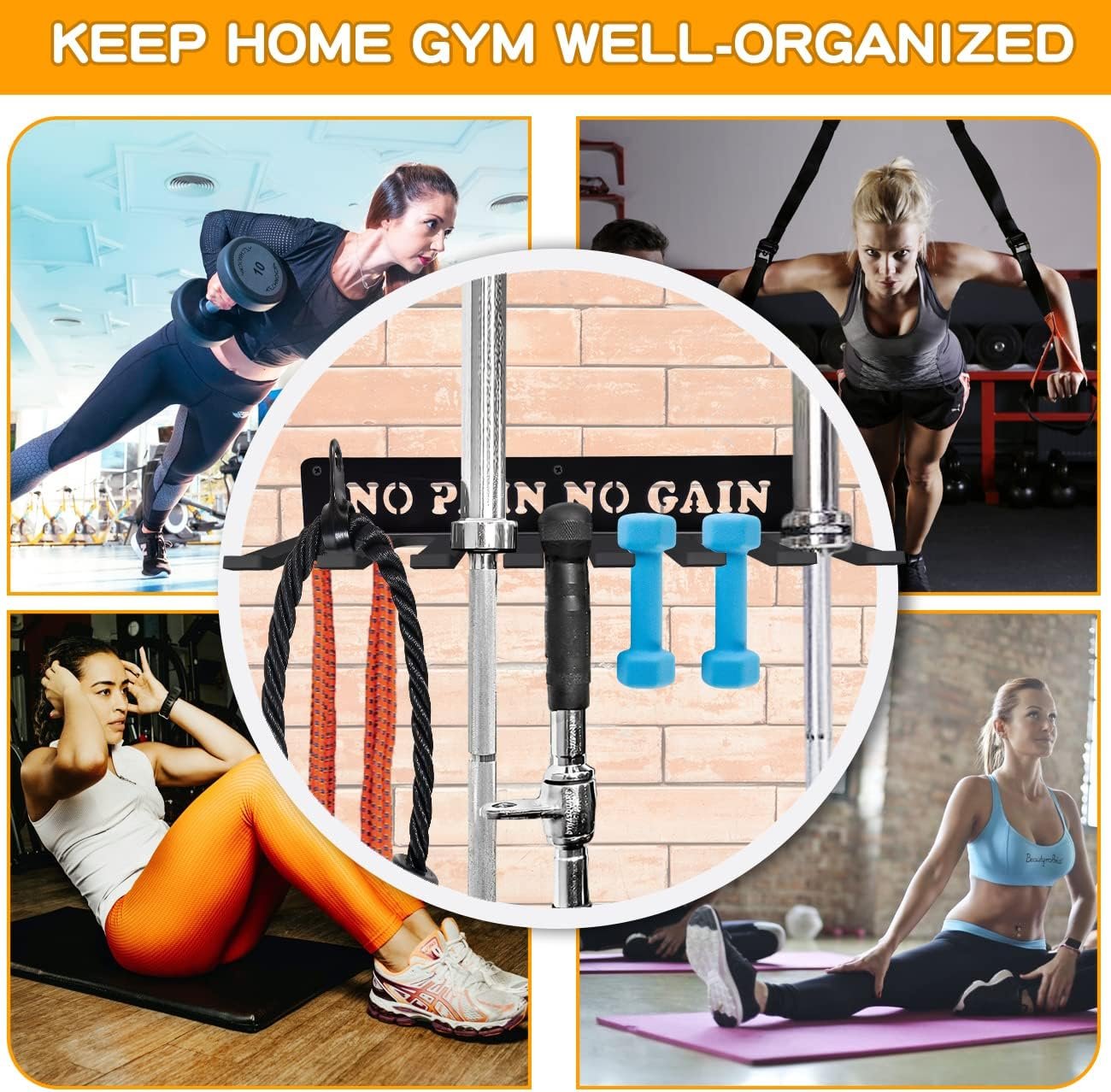 Gym Home Rack 8 Hook Wall-mounted Organizer Multi-Purpose Workout Gear Heavy-Duty Wall Hanger Storage for Resistance Bands, Lifting Belt, Fitness Bands, Jump Ropes, Chains Accessory Storage