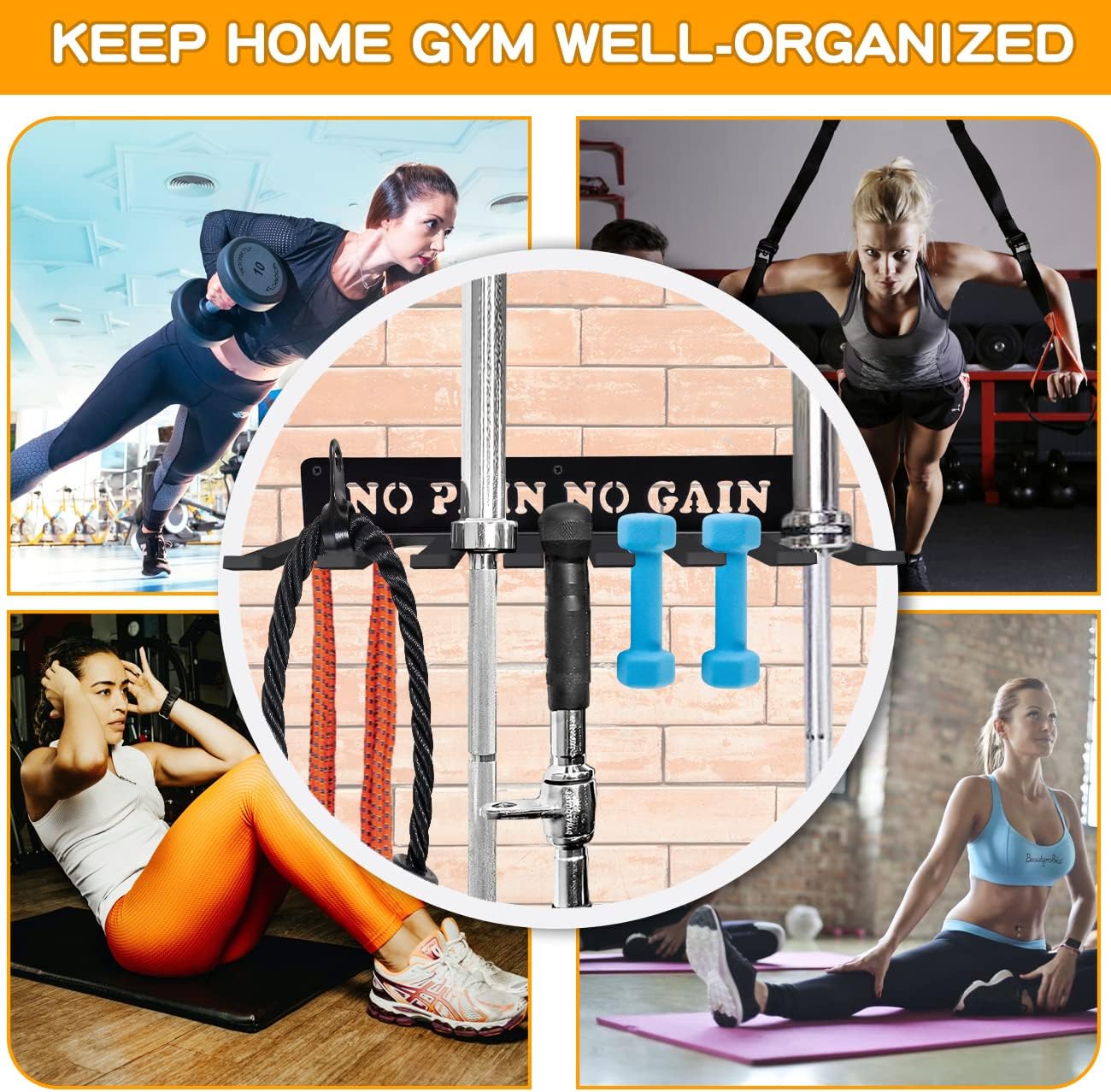 Gym Home Rack 8 Hook Heavy-Duty Wall-mounted Organizer Multi-Purpose Workout Gear Wall Hanger Storage for Resistance Bands, Jump Ropes, Lifting Belt, Fitness Bands, Barbells Carabiners Included