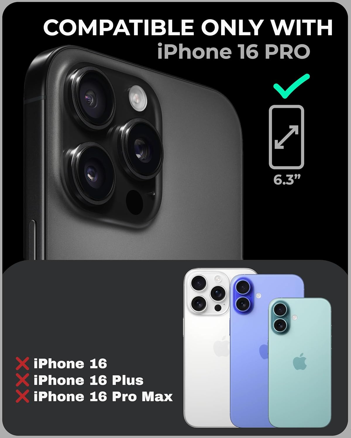 TORU CX Slim for iPhone 16 Pro Case Wallet | Protective Shockproof Heavy Duty Cover with Hidden Card Holder & Card Slot | Mirror & Wrist Strap Included - Black