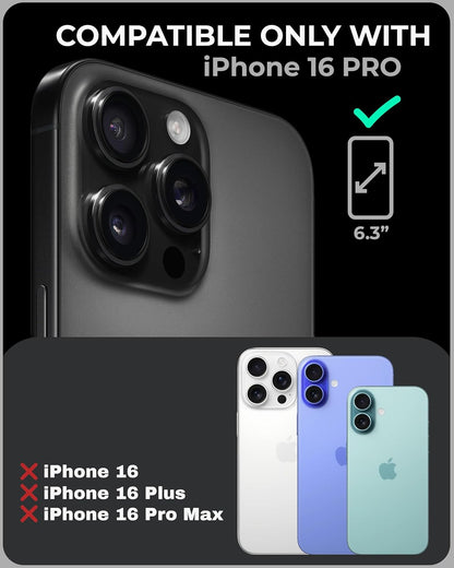 TORU CX Slim for iPhone 16 Pro Case Wallet | Protective Shockproof Heavy Duty Cover with Hidden Card Holder & Card Slot | Mirror & Wrist Strap Included - Black