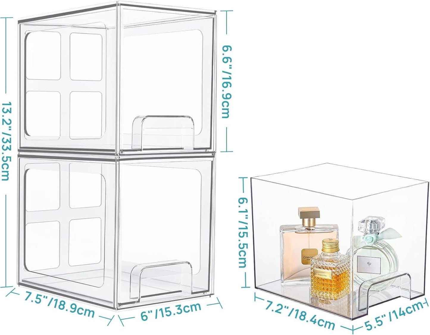Vtopmart 4 Pack Stackable Makeup Organizer Storage Drawers, 6.6’‘ Tall Acrylic Bathroom Organizers，Clear Plastic Storage Bins For Vanity, Undersink, Kitchen Cabinets, Pantry Organization