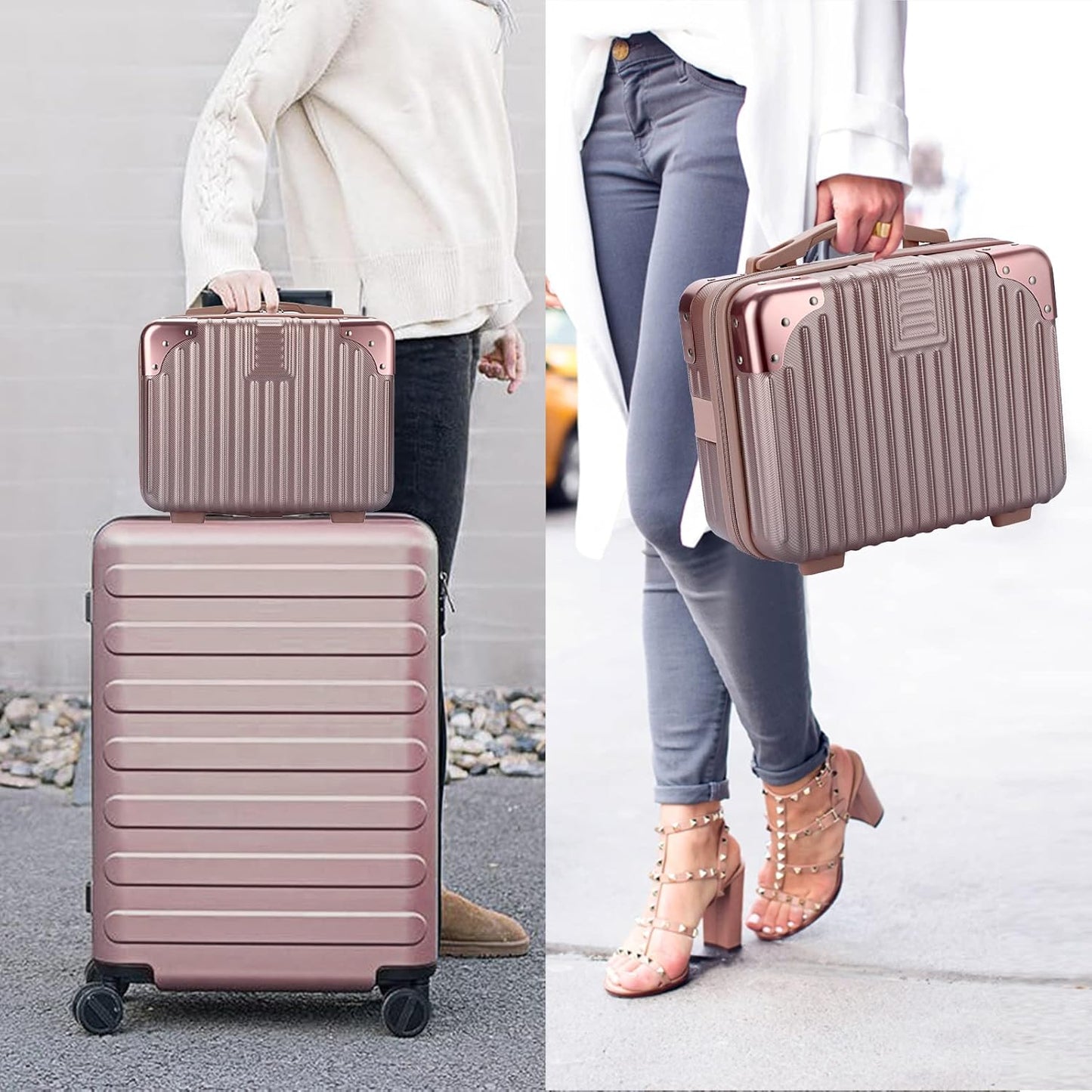 BSTKEY Portable Hard Shell Cosmetic Travel Case, Small Travel Hand Luggage with Elastic Band, Mini ABS Carrying Makeup Case Suitcase, Rose Gold