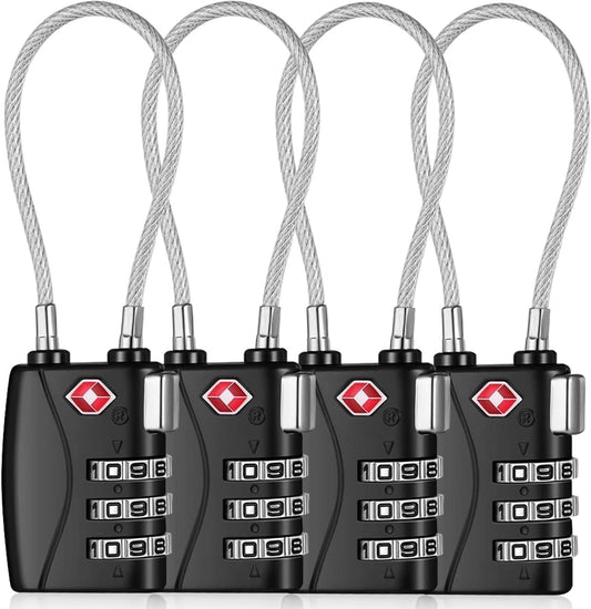 H HOME-MART TSA Approved Luggage Locks - 3-Digit Resettable Combination Padlock with Alloy Body & Braided Steel Cable, Anti-Theft Suitcase Lock for Travel Bags, Gym Lockers, Suitcases (4 Pack)