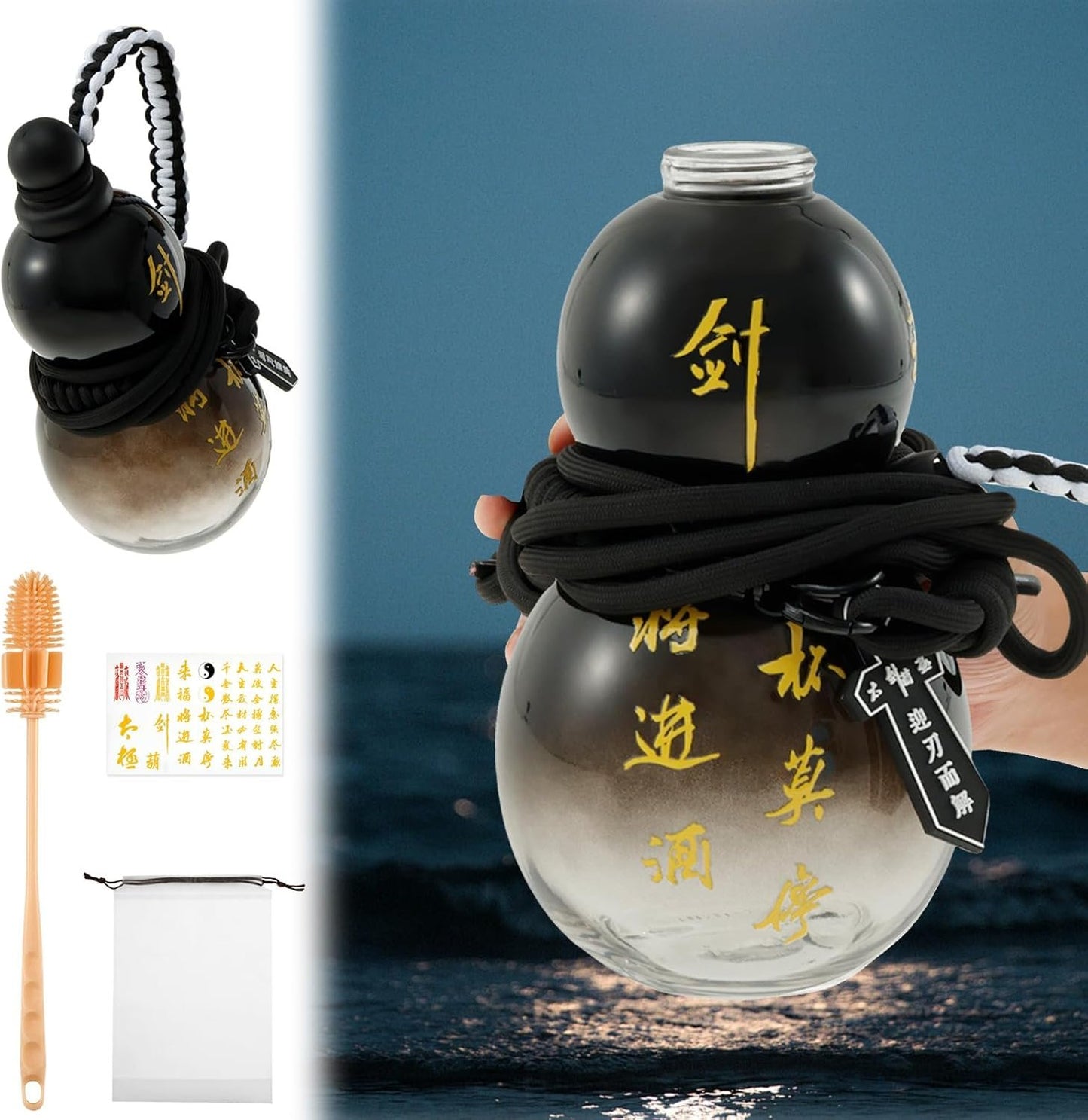 Gourd Water Bottle, 28oz Large Gourd Style Tritan Water Bottle, Drinking Gourd Bottle Gourd Drinking Cup Jug w Strap Waist Rope Cup Brush Charm DIY Sticker, Leak Proof Screw Top Sports Water Bottle