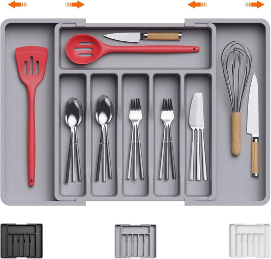 LMX Cutlery Drawer Organizer, Expandable Utensil Kitchen Drawer Organizer,BPA Free Adjustable Plastic Storage Box for Forks, Knives,Tools More (Grey, Large)