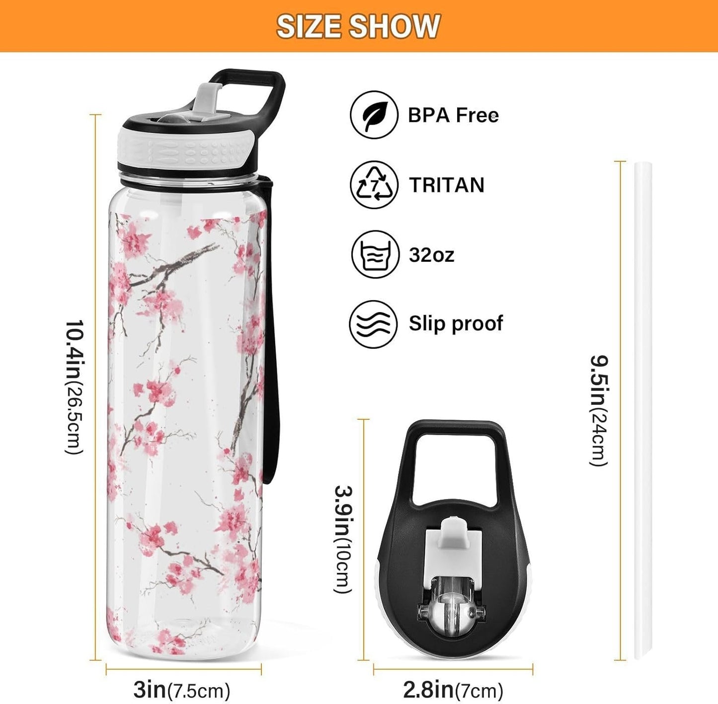 Blueangle 32oz Sakura Branches Sports Water Bottle with Straw, BPA Free Tritan Reusable Plastic Bottles for Gym and Outdoor（481）