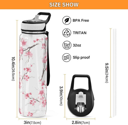 Blueangle 32oz Sakura Branches Sports Water Bottle with Straw, BPA Free Tritan Reusable Plastic Bottles for Gym and Outdoor（481）