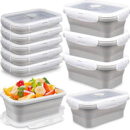 8 Pack 17 oz Silicone Collapsible Food Storage Containers Rectangle Meal Prep Container with Vent Lids Foldable Lunch Box for Camping Kitchen Microwave Dishwasher Freezer Safe (Gray)