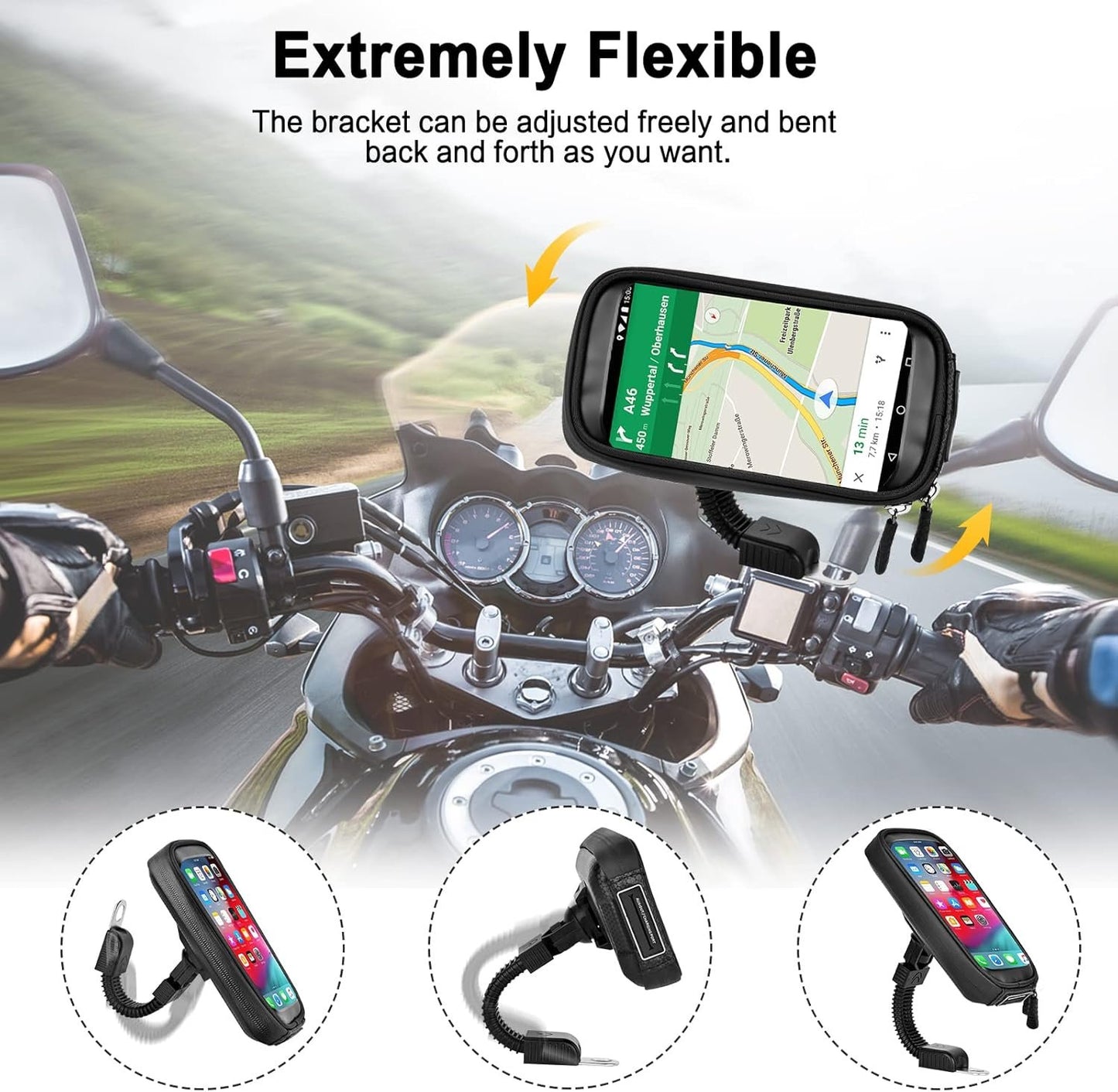 ENOENO Motorcycle Smartphone Holder Waterproof 360 Degrees Mobile Phone Holder for Motorcycle with Rain Cover for Mobile Phone Holder Motorcycle Rearview Mirror Up to 6.7 Inches