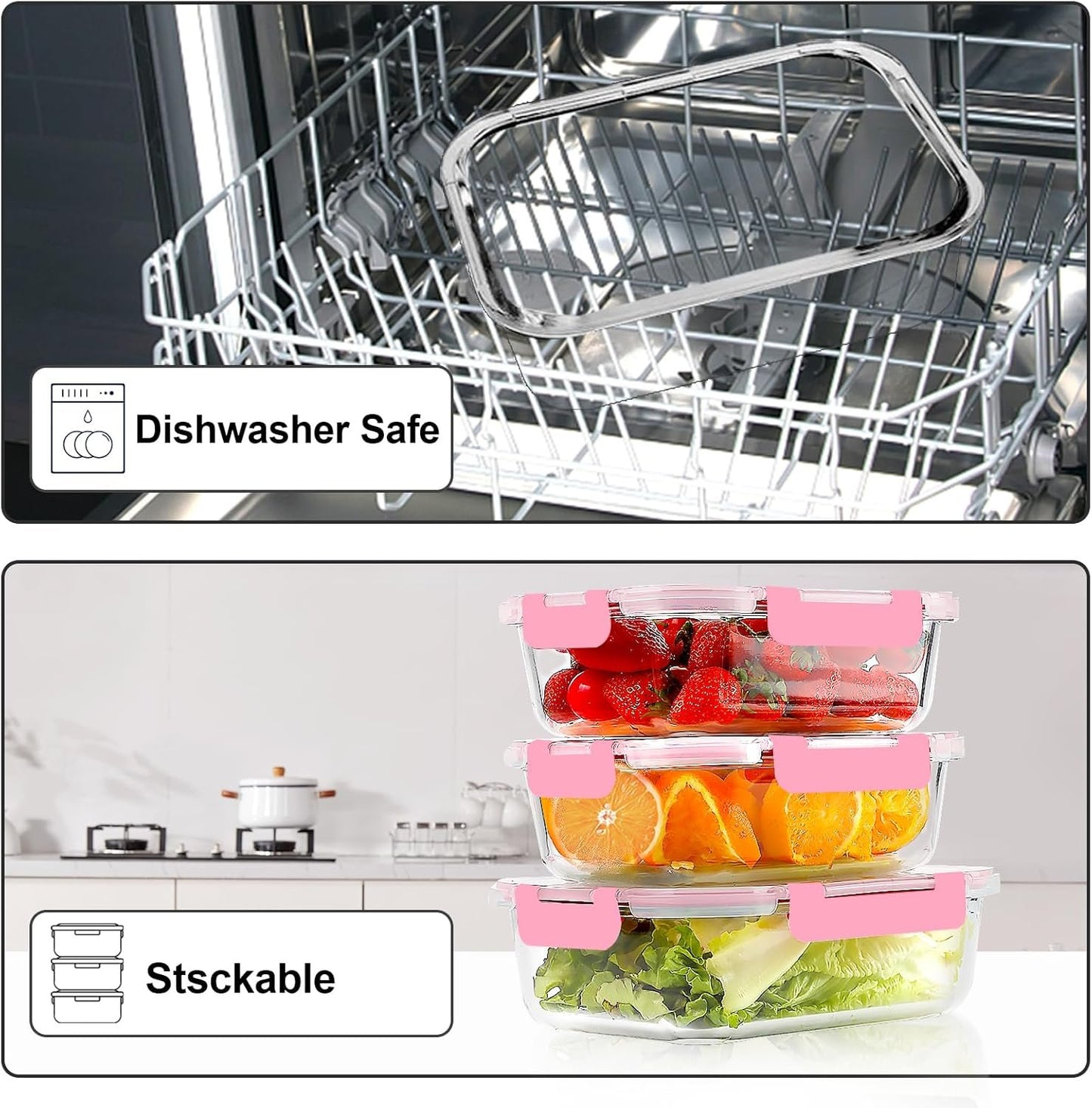 VERONES 10Pack Glass Meal Prep Containers, Airtight Glass Lunch Containers,Stackable Glass Food Storage Containers Set with Lids,Exclusive of BPA, for Microwave,Oven, Freezer&Dishwasher Friendly,Pink