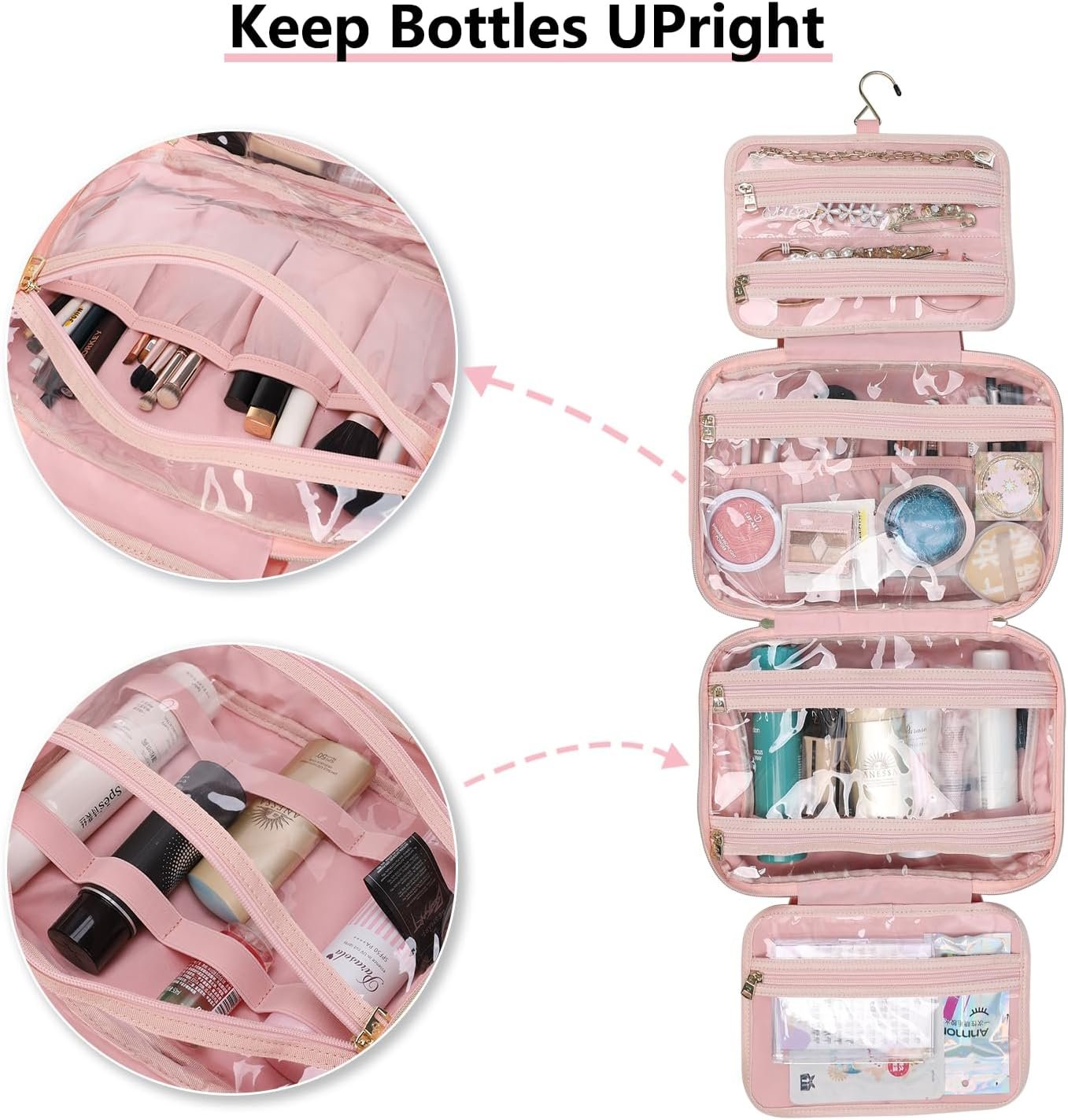 BESMART Travel Hanging Toiletry Bag for Women, Waterproof Makeup Organizer Washbags with Wet Pocket, Large Capacity Embroidery Cosmetic Bag for Trip/Workout//Holiday/Outdoor (Pink)