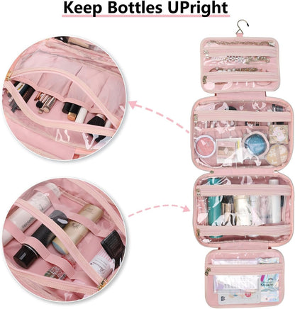 BESMART Travel Hanging Toiletry Bag for Women, Waterproof Makeup Organizer Washbags with Wet Pocket, Large Capacity Embroidery Cosmetic Bag for Trip/Workout//Holiday/Outdoor (Pink)