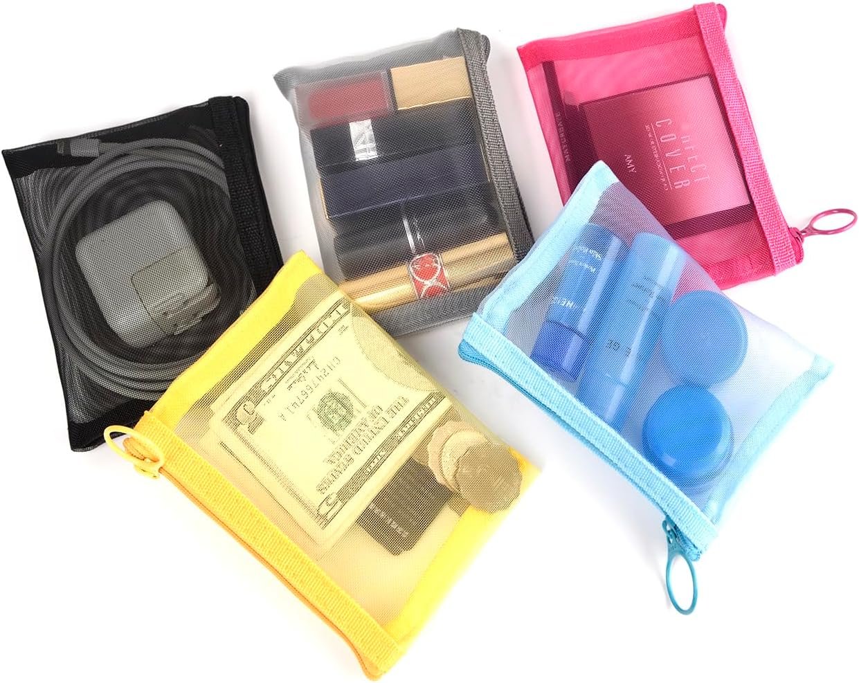 patu Zipper Mesh Bags, Beauty Makeup Cosmetic Accessories Organizer, Travel Toiletry Kit Set Storage Pouch, 5 Assorted Colours, S (5 pcs), Modern