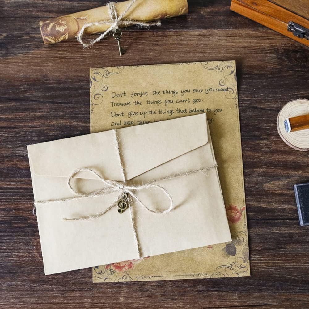 Modixun 96pcs Vintage Paper and Envelopes, Retro Kraft Writing Stationery Paper and Envelopes, Include Antique 32 Papers, 16 Envelopes, 16 Ropes, 16 Pendants, 16 Stickers