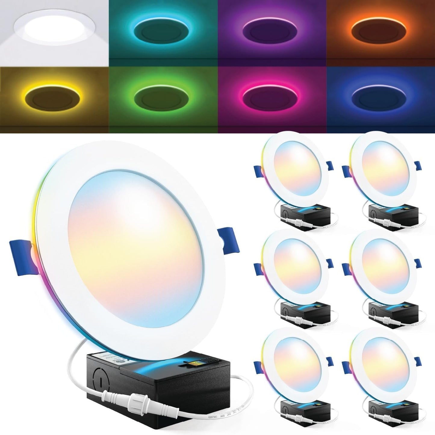 Sunco 6 Pack 6 Inch Smart Ultra Thin LED Recessed Ceiling Lights with Night Light, Tunable CCT 2700K to 6000K, Dimmable, 15W, Smooth Trim, Canless with Junction Box.