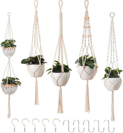Macrame Plant Hangers, Hanging Planters for Indoor Outdoor Home Decor, with 5 Hooks, 5 Legs, 5 Style, Handmade Hanging Plant Holder