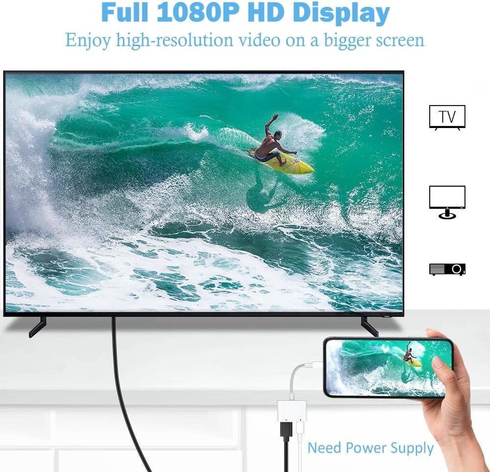 [Apple MFi Certified] Lightning to HDMI Adapter for Apple, Digital AV Adapter 1080P HD with Charging Port, Sync Screen Photo Audio Video to HDMI Cable for iPhone/iPad/iPod to HDTV/Projector/Monitor