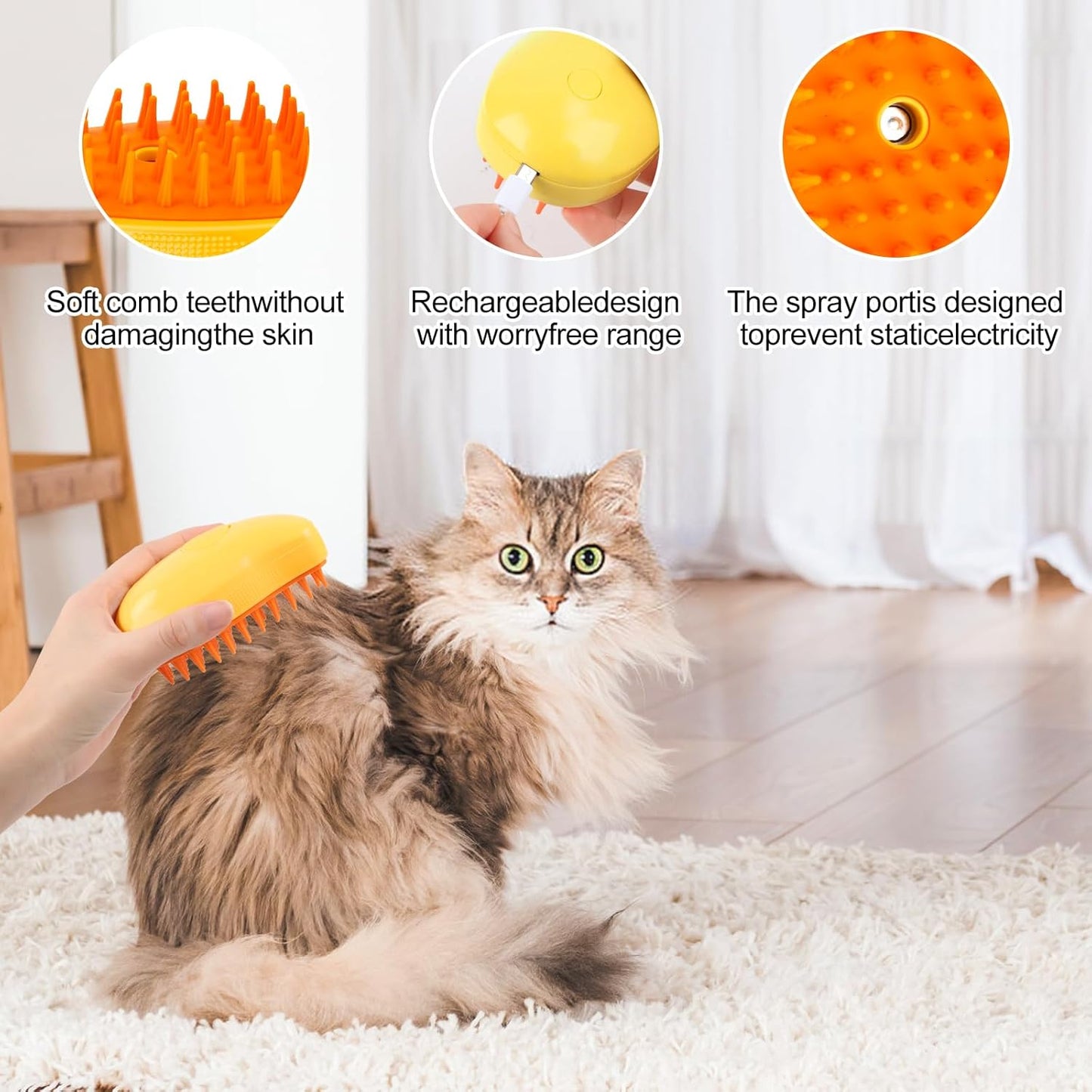 Byffoer Cat Steamy Brush,Steam Cat Brush for Cats with Steam, 3 in 1 Steam Brush for Cats Steamy BrushCat Hair Brush for Long and Short Hair (Yellow)
