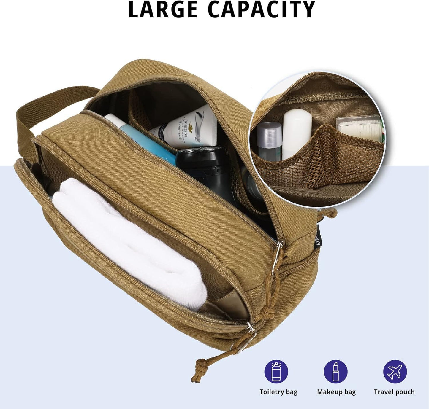 Toiletry Bag for Men, Tactical Travel Bag with Dry Wet Separate，Water-Resistant Hanging Dopp Kit for Women with Large Capacity, Shaving Bag for Travel,Sports Shower(Brown)