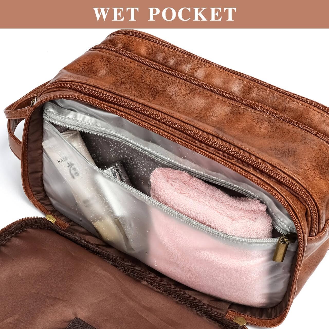 Laripwit Travel Toiletry Bag for Men Large PU Leather Shaving Dopp Kit Water-Resistant Cosmetic Toiletries Organizer Pouch Bathroom Hygiene Case Gift for Mens Brown
