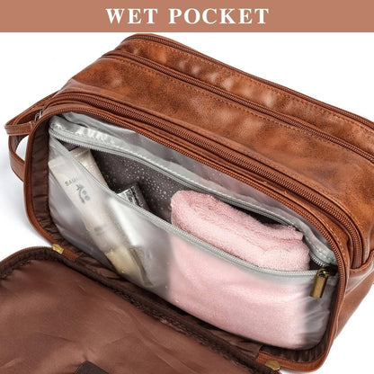 Laripwit Travel Toiletry Bag for Men Large PU Leather Shaving Dopp Kit Water-Resistant Cosmetic Toiletries Organizer Pouch Bathroom Hygiene Case Gift for Mens Brown