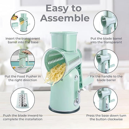 Chef Power's 5 in 1 Rotatory Cheese Grater - Premium Quality Hand Cheese Grater With Handle - Food Chopper for Kitchen - Light Green