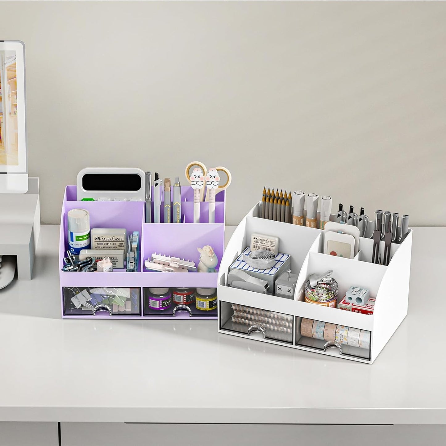 COMFYROOM Desk Organizer and Accessories with 6 Compartments and 2 Drawers, Plastic Makeup Organizer, Pen Holder for Desktop Storage, Desk Organization for School, Home, Office Supplies (Purple)