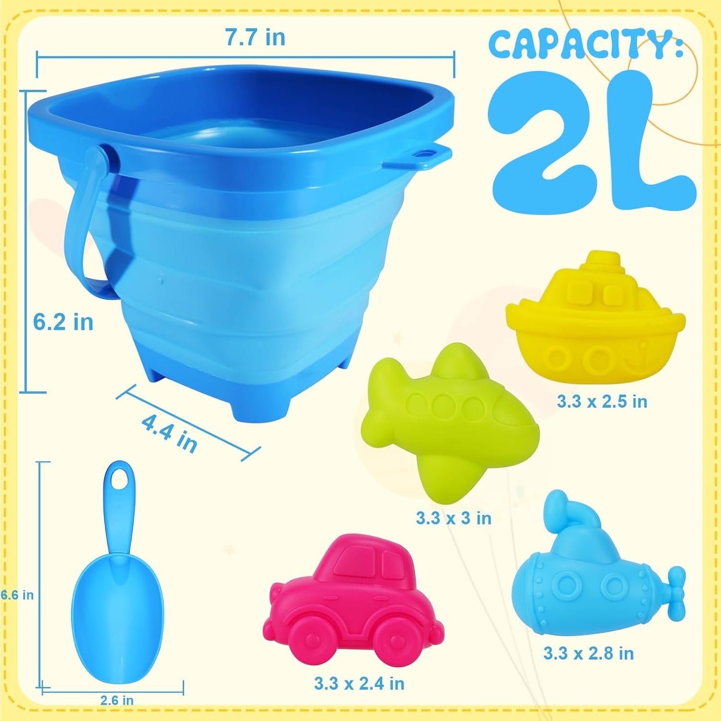 Holady Beach Bucket Sand Toy for Kids,10 PCS Kids Foldable Sand Bucket, Foldable Bucket Portable Silicone Pail and Beach Shovels Set for Kids Beach Play