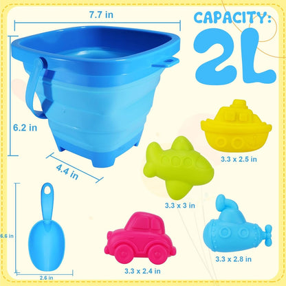 Holady Beach Bucket Sand Toy for Kids,10 PCS Kids Foldable Sand Bucket, Foldable Bucket Portable Silicone Pail and Beach Shovels Set for Kids Beach Play