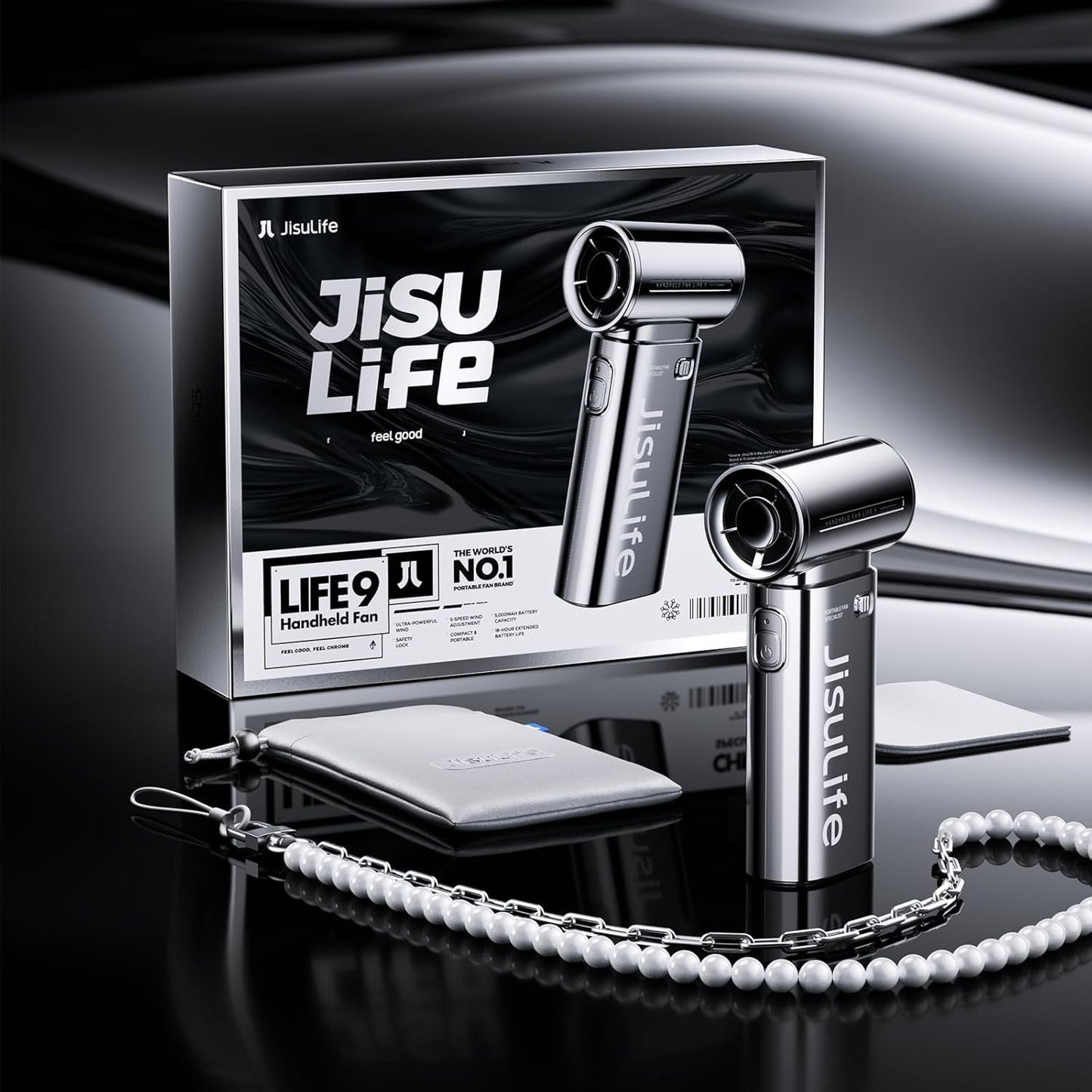 JISULIFE Portable Handheld Fan Life9, Turbo Power High Speed Air [18H Max Cooling Time], 5 Gear Wind, 5000mAh Rechargeable, Mini Pocket Design, Personal Fan for Travel Concerts Cruise Makeup - Chrome