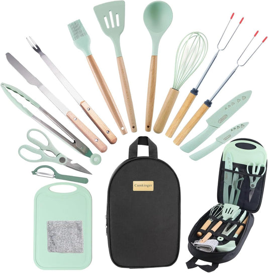 Camkinger Camping Essentials Cooking Utensils Set, 15Pcs Green Portable Camp Kitchen Cookware Organizer with Storage Bag, Camper Gear Must Have Accessories Supplies for Travel BBQ Grill Picnic Hiking