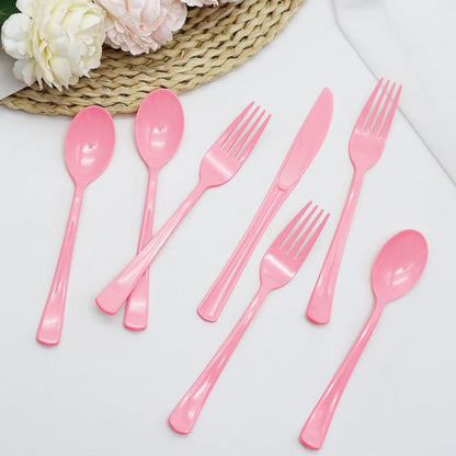 150 Pack Light Pink Plastic Disposable Heavy Duty Utensil Set - 50 Forks, 50 Knives, 50 Spoons for Pink Party Decorations Wedding Birthday