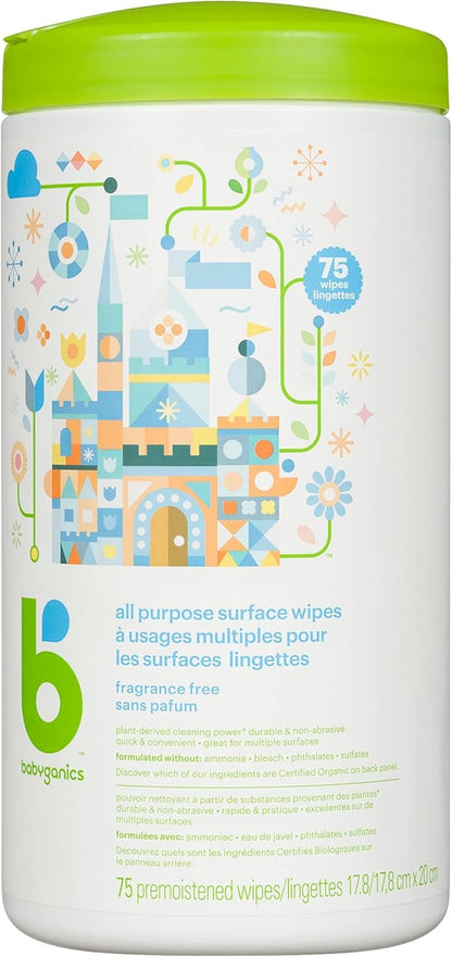 Babyganics Unscented & All-Purpose Wipes, Surface Cleaning Wipes to Cover Baby's Tracks and Prepare Their Next Adventure, Fragrance and Ammonia Free, 75 Wipes, Packaging May Vary