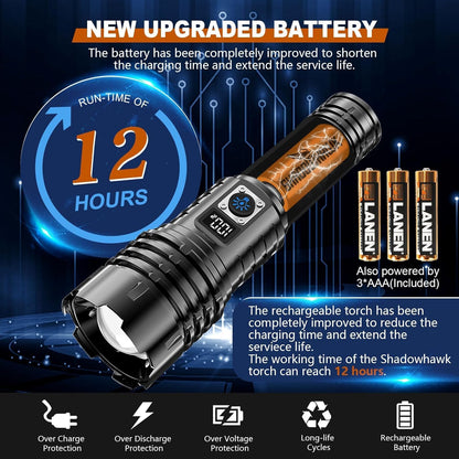 LED Torch Rechargeable Flashlight, Shadowhawk 30000 Lumens XHM77.2 Super Bright Torches, Handheld Torch Flashlight, Powerful Tactical Torch Waterproof Flash Light for Emergency Camping Gift