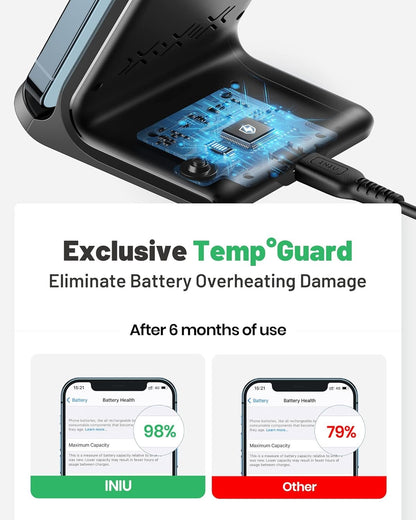 INIU Wireless Charger, 15W Qi-Certified Fast Charging Station, Wireless Charging Stock with Sleep-Friendly Adaptive Light Compatible with iPhone 16 15 Pro Max Samsung Galaxy S25 S24 Ultra Google Pixel
