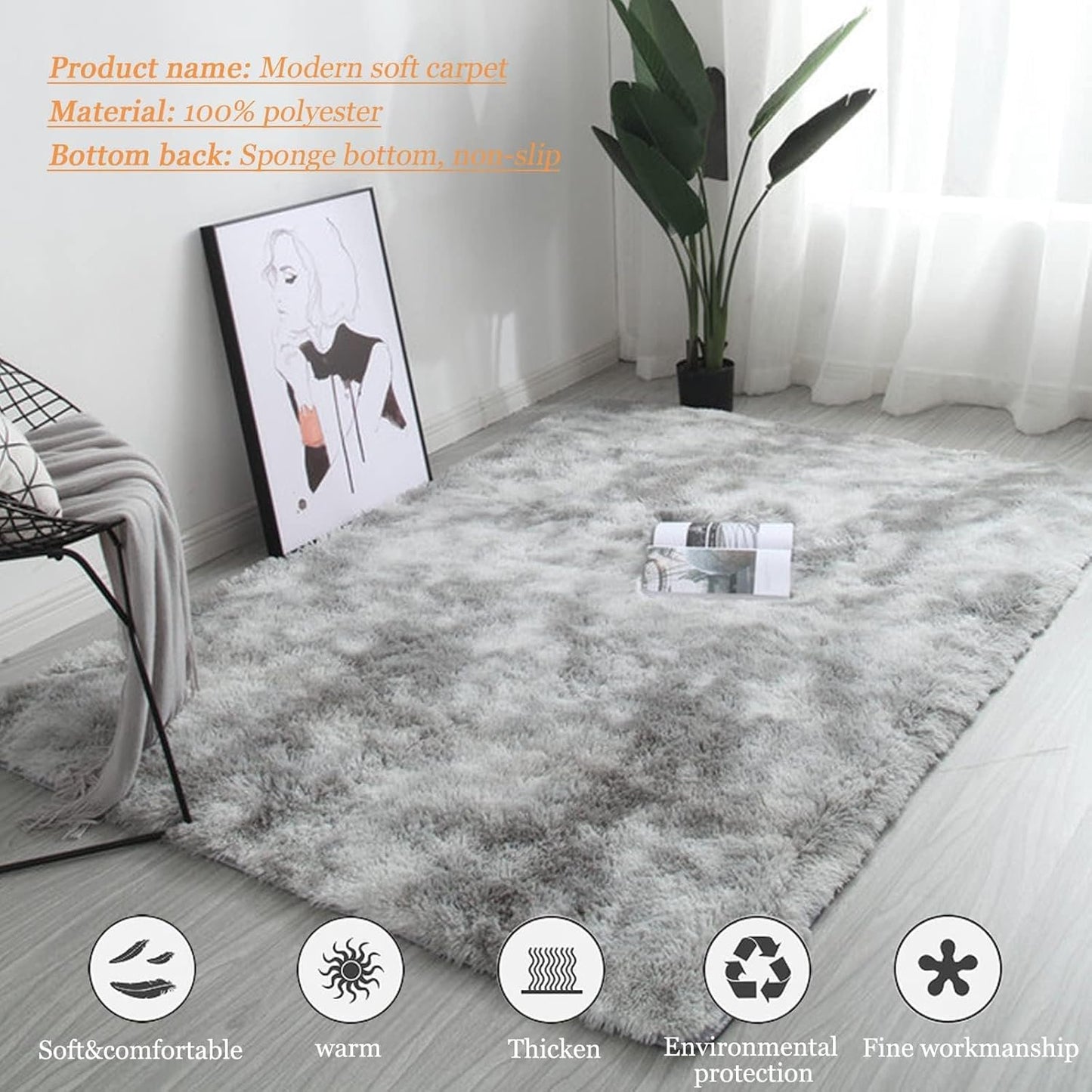 Area Rugs 4'x5'3" Soft Fluffy Non-Slip Washable Carpet for Bedrooms, Living Room, Boys/Girls Room, Playroom Non-Slip, Grey