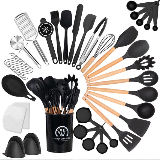 Kitchen Utensil Set, Cooking Utensils Set 43 Pieces, 446°F Heat Resistant Basic Silicone Utensil Set, Gadgets for Non-Stick Cookware, for Cooking Wooden Handles, (BPA Free-Black)
