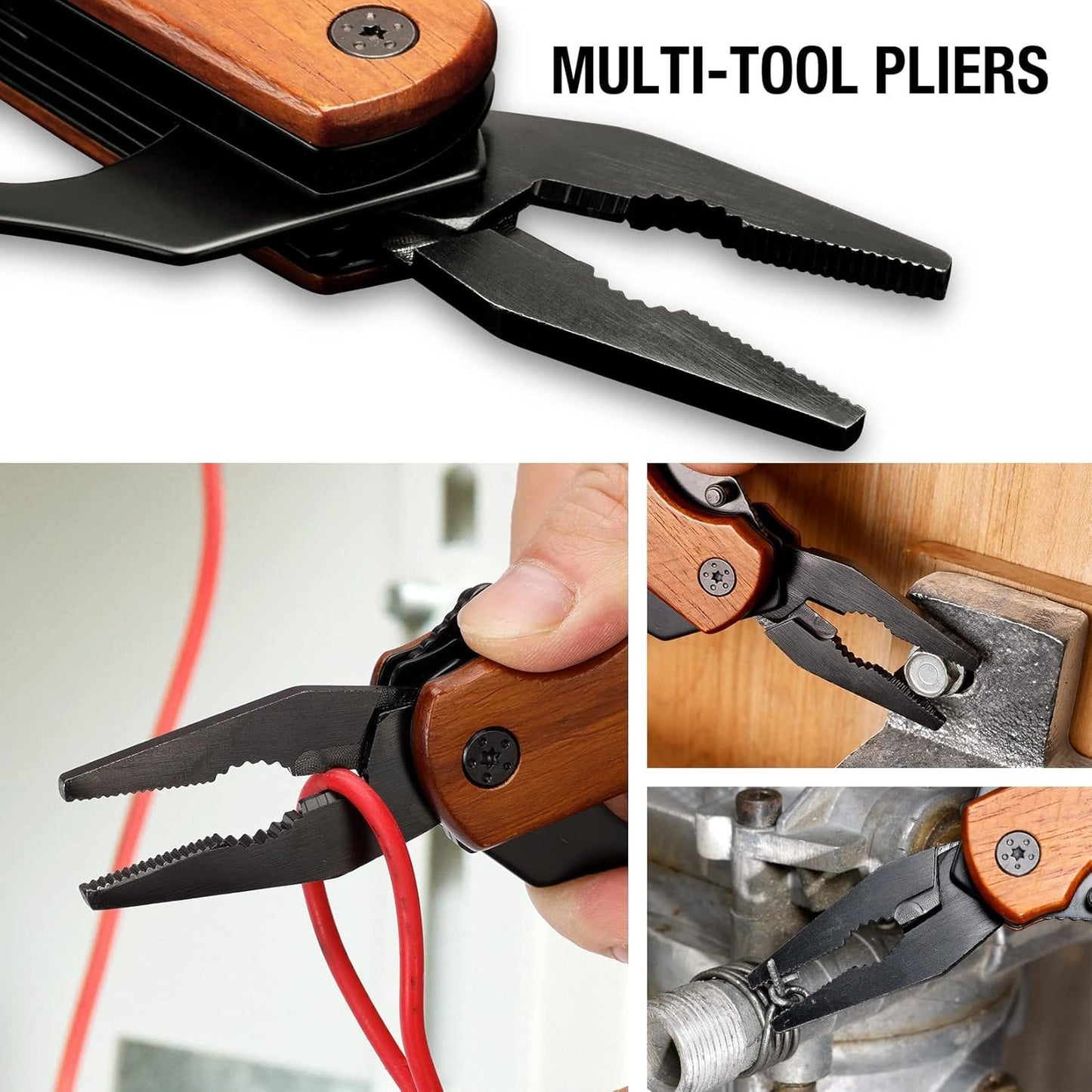 DURATECH 9-in-1 Multitool with Safety Locking, Wood Handle Pocket Multi Tool with Pliers Knife Bottle Opener Screwdriver Saw for Outdoor, Survival, Camping Hunting, Fishing and Hiking