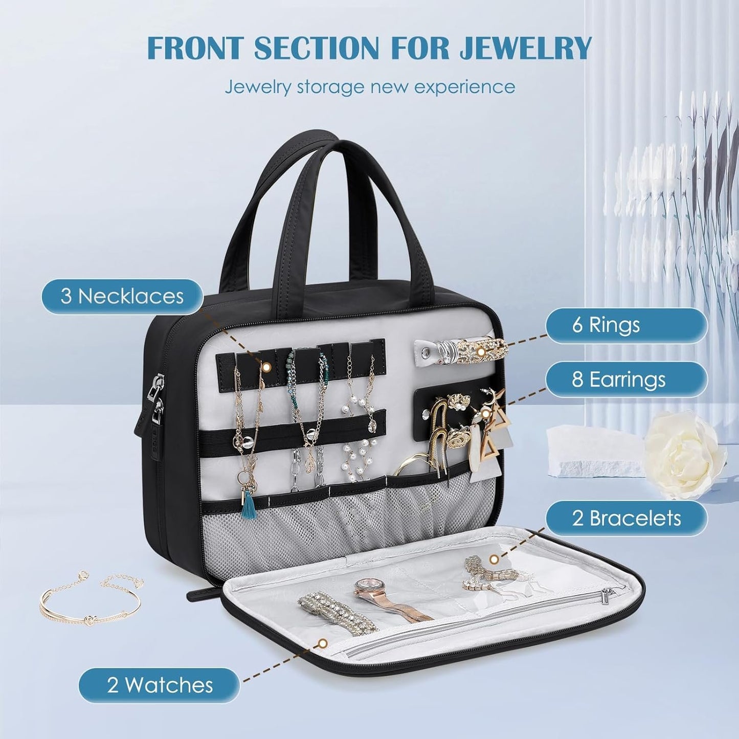 GOLF QUALITY Travel Toiletry Bag with Jewelry Organizer, Hanging Toiletry Bag for Toiletries Puffy Cosmetic Make up Bag Organizer Carry-on Travel Accessories Essentials,Black