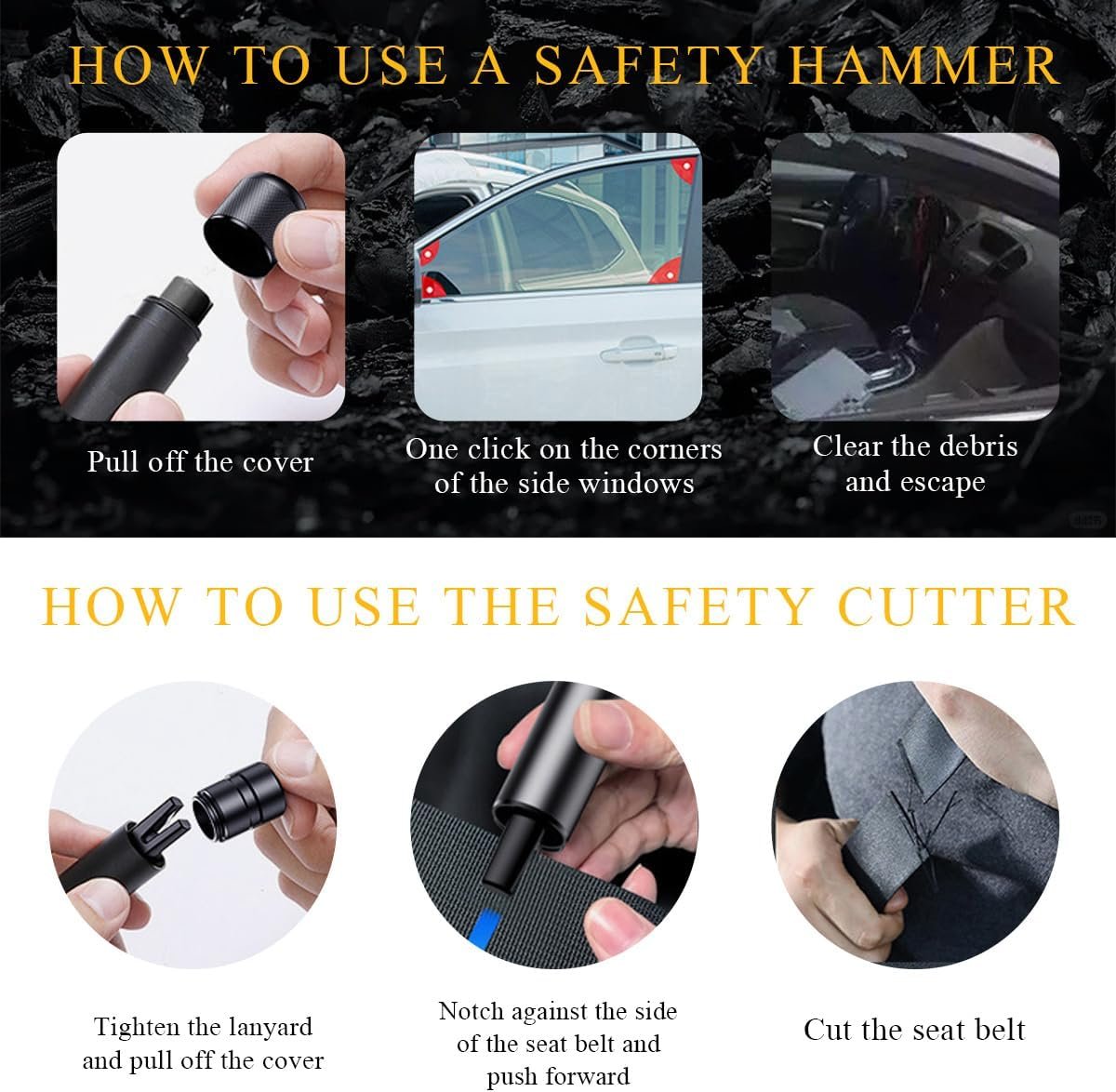 JUSTTOP 2 PCS Car Safety Hammer, Portable 2 in 1 One Second Car Window Glass Breaker Seat Belt Cutter, Safety Hammer Emergency Escape Tool for Car Bus Truck, Car Accessories (Black)