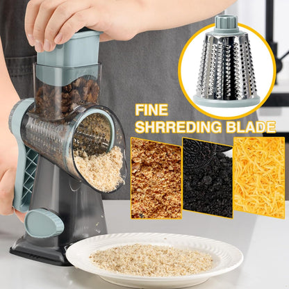 ERGONOW Rotary Cheese Grater Rotary Handheld with 3 Interchangeable Blades, Handheld Vegetable Slicer, Vegetable Chopper for Nuts, Fresh Cheese, and Vegetables, Upgraded Union Body Design (Blue)