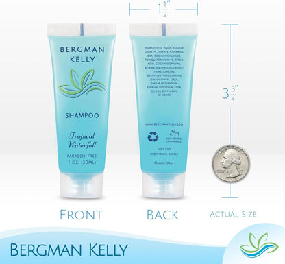 BERGMAN KELLY Hotel Toiletries Bundle - Tropical Waterfall, 1 oz each, 125 Pcs - 5-Piece Set: 25 Round Bar Soap, 25 Shampoo, 25 Conditioner, 25 Body Lotion & 25 Body Wash - Bulk Mini Guest Amenities