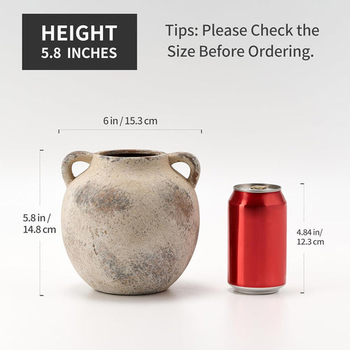 PORCER 5.8 Inch Terracotta Vase with Handles, Rustic Vase for Home Decor, Farmhouse, Living Room, Table - Gray, Set of 1
