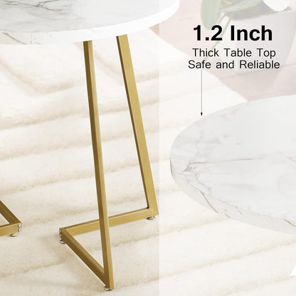 VECELO Round Dining Room Table with Wood Grain Tabletop and Steel Frame, for Kitchen, Living Room, Office, Conference, 2 to 4 Person, White & Gold